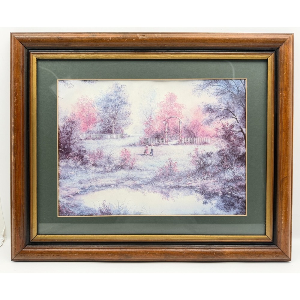 Vintage Jan Ward Calaski Framed Art Print Children Garden Arbor Pastel Landscape